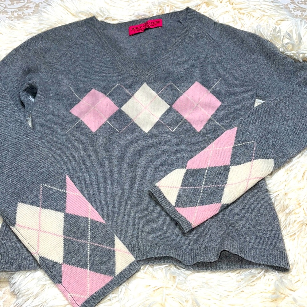 Juicy Couture Gray and Pink Argyle V-Neck Sweater